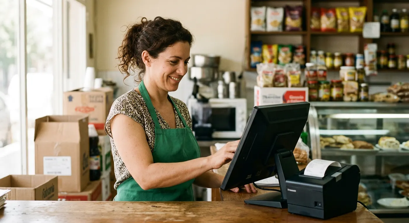 Comerciante sonriendo mientras usa una pantalla táctil con impresora térmica en el mostrador de su negocio
